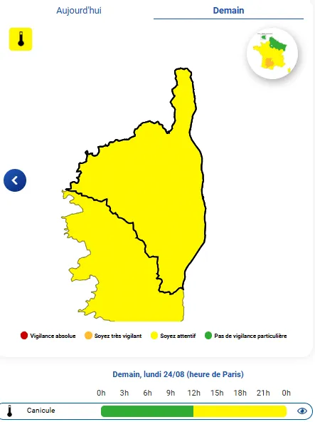 La Corse sera placée en vigilance jaune canicule.