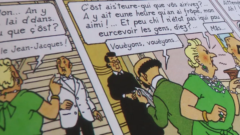 La bande dessinée de Tintin, "Les Bijoux de la Castafiore", traduite en patois Bourguignon de l'Auxois