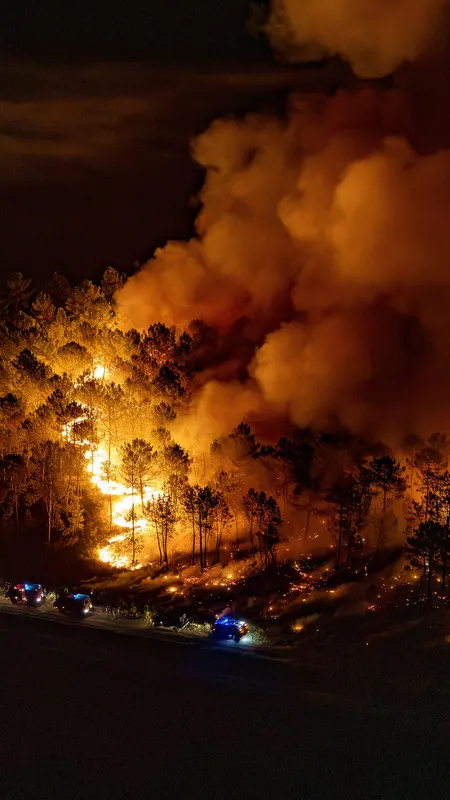 Images impressionnantes des opérations de surveillance de nuit de l'incendie en Gironde tournées à bord de l'hélicoptère Caracal