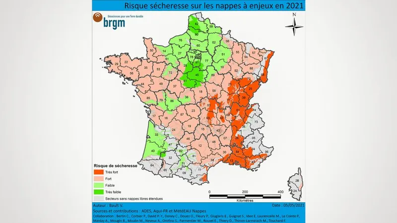 Risque sécheresse sur les nappes à enjeux en 2021.

L'élaboration de la carte du risque sécheresse repose sur l'état initial des nappes après la période de recharge hivernale 2020-2021 (bulletins de situation des nappes au 1er avril et au 1er mai 2021), sur les prévisions disponibles jusqu’en septembre 2021 réalisées dans le cadre du projet Aqui-FR et issues des modèles MétéEAU Nappes ainsi que sur l’expertise d’hydrogéologues du BRGM.