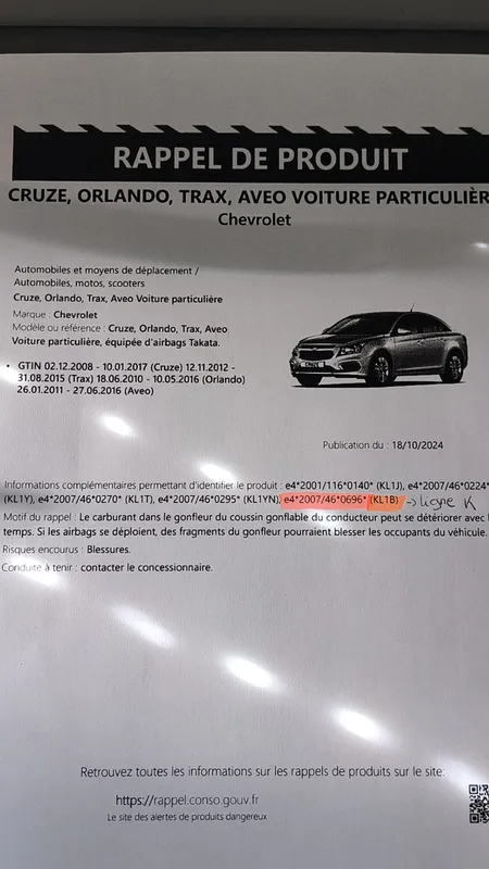 Le rappel des véhicules Chevrolet datent d'octobre 2014.