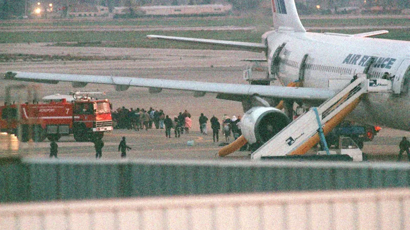Intervention des gendarmes du GIGN sur l'Airbus d'Air France détourné par des terroristes en décembre 1994 sur l'aéroport de Marseille.