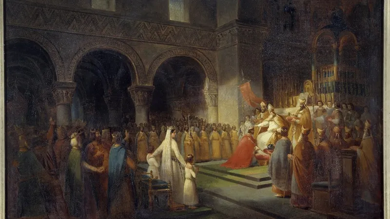 Sacre de Pepin le Bref par le pape Etienne II a l'abbaye de Saint Denis le 28 juillet 754 . Peinture de François Dubois