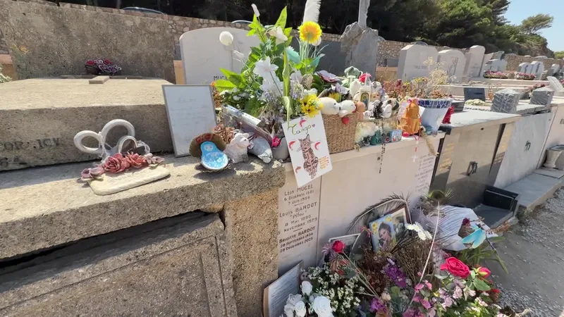 Les cadeaux de Brigitte Bardot sont si nombreux qu'ils empiètent sur les autres tombes.