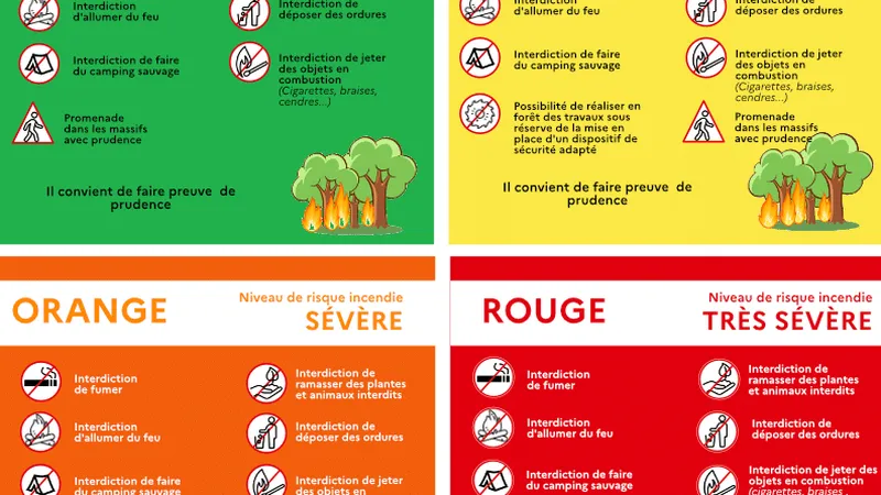 Les différents niveaux de risque d'incendie et les comportements interdits sous peine d'amende.